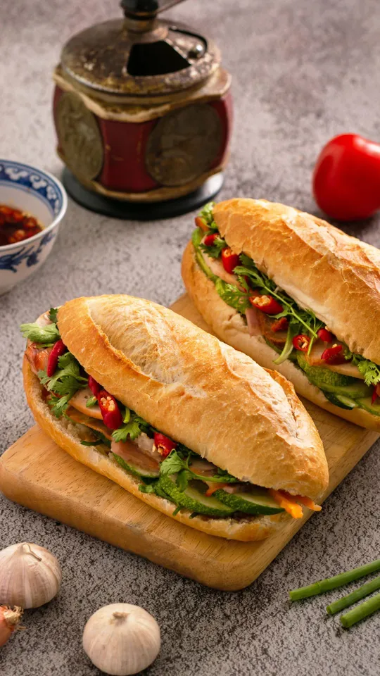 Tagliere di legno con Bahn Mi, piccole baguette ripiene tipiche del Vietnam